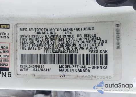 2004 Toyota Matrix Xr z USA, uszkodzony, nr VIN 2T1LR38E84C310994